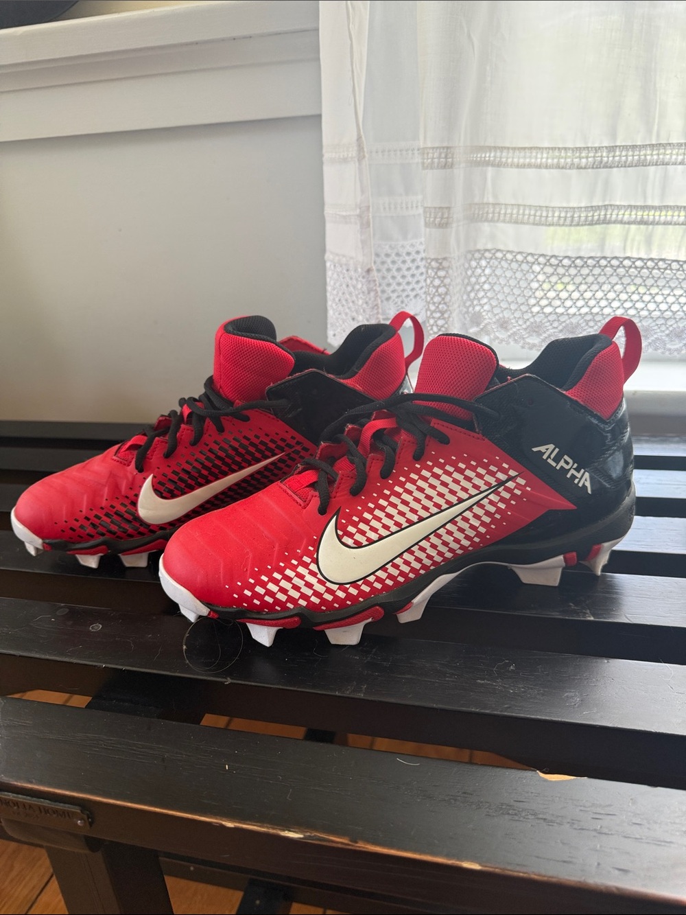 Nike Kids Red and Black Alpha Football Cleats with White Swoosh